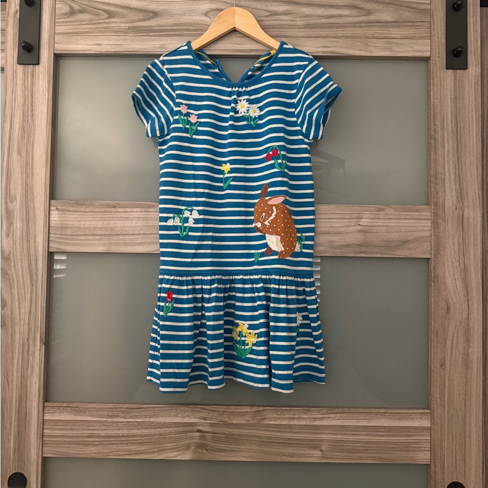 Mini Boden ~Blue Striped Kids Dress with Bunny Design